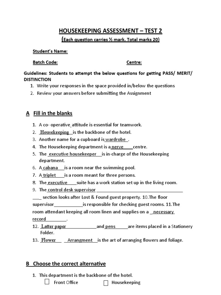 Housekeeping Assessment Test 2 | PDF