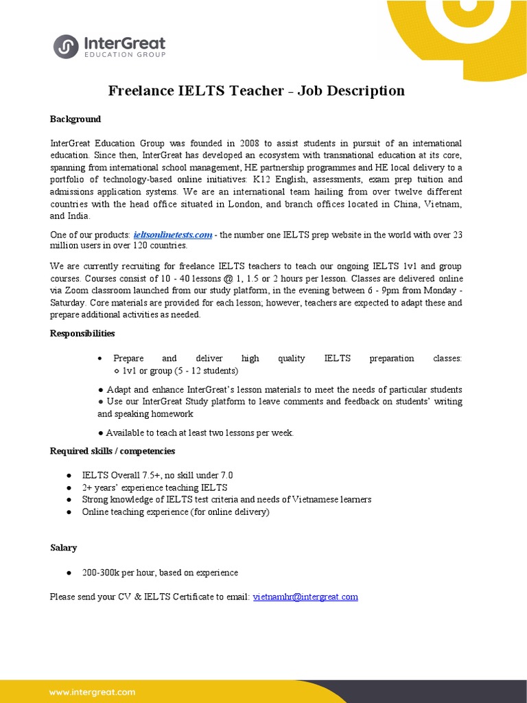 Freelance IELTS Teacher Job Description | PDF