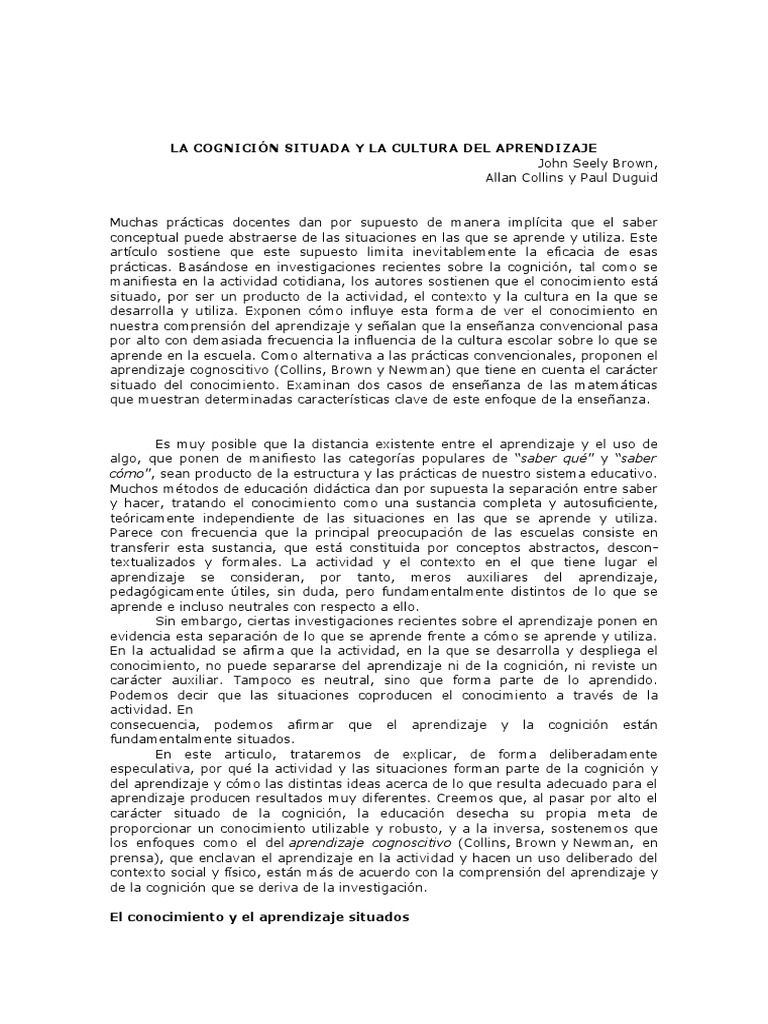 Cognición Situada y Cultura de Aprendizaje | PDF | Aprendizaje | Enseñando