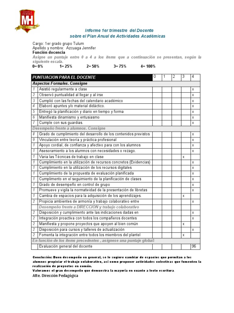 Informe 1er Trimestre Del Docente 2022 | PDF | Enseñando | Evaluación