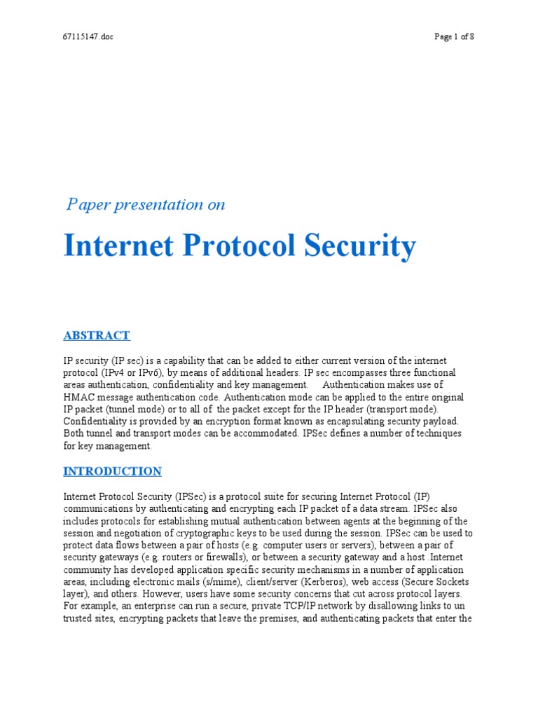 Internet Protocol Security: Paper Presentation On | PDF | Internet ...