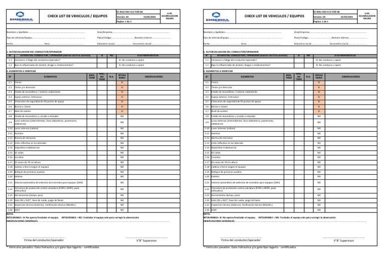 Check List de Equipos Pesado y Liviano SC-RAU-SSO-CLV-FOR-06 | PDF ...