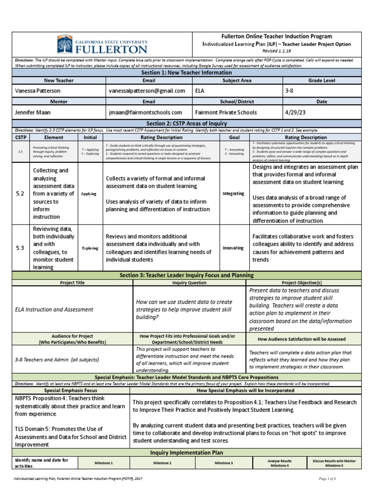 Fullerton Teacher Induction ILP Guide | PDF | Differentiated ...