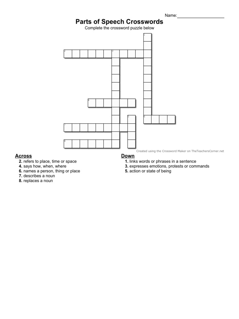 Parts of Speech Crosswords Down Across PDF