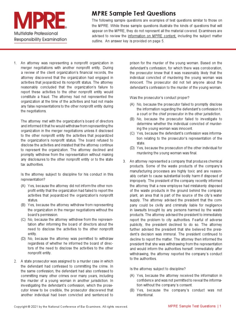 MPRE Sample Test Questions | PDF | Lawyer | Prosecutor