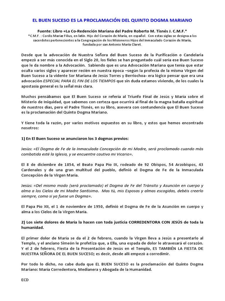 El Buen Suceso Es La Proclamación Del Quinto Dogma Mariano PDF