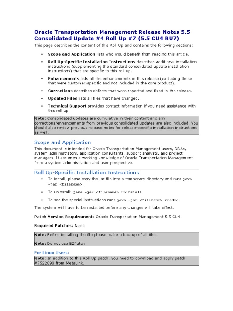 Oracle Transportation Management Release Notes 5.5 Consolidated Update ...