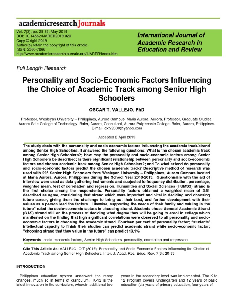 Personality and Socio Economic Factors I | PDF | Social Science