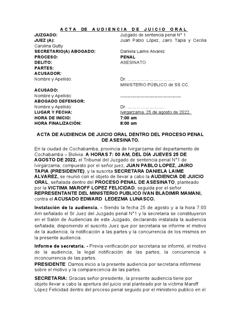 Acta de Juicio Oral por Asesinato | PDF | Testigo | Fiscal