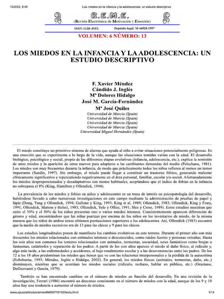 Los Miedos en La Infancia y La Adolescencia | PDF