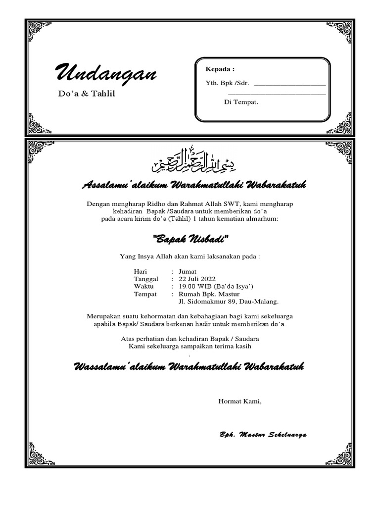 Undangan Tahlil 1 Tahun | PDF