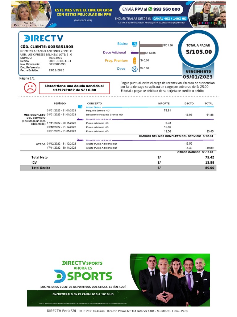 Total a Pagar en Recibo DIRECTV Perú | PDF | Bancario | Servicios ...