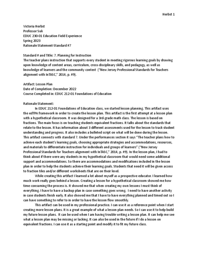 Rationale Statement Lesson Plan 1 PDF Lesson Plan Teachers