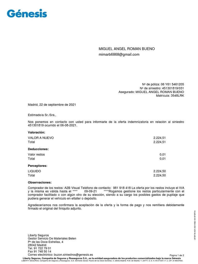 Indemnización Siniestro Vehículo 2021 | PDF | Seguro | Reaseguro