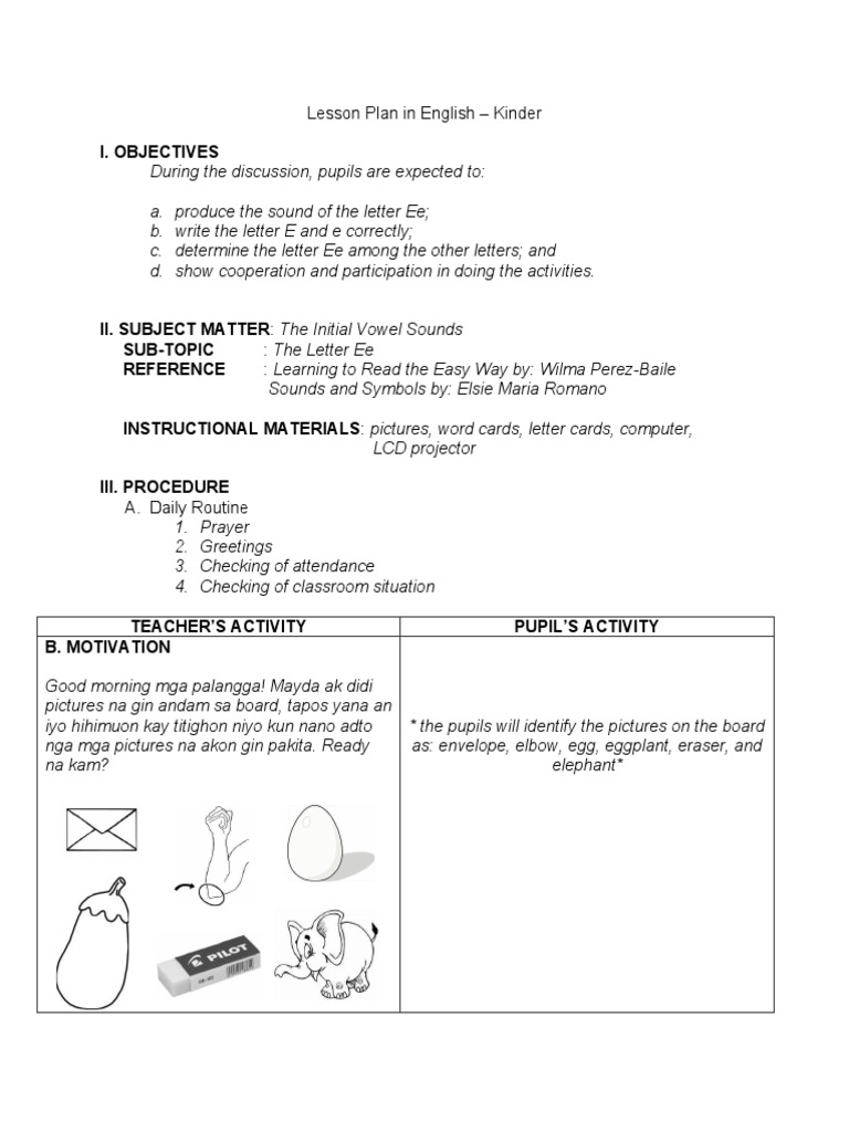 Kinder Lesson Plan: Letter Ee Sounds | PDF | Education Theory | Teaching
