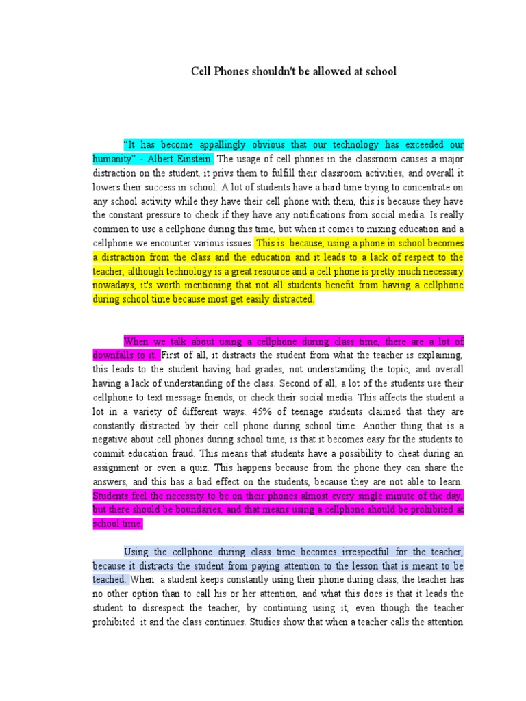 Cell Phones shouldn't be allowed at school Argumentative Essay PDF