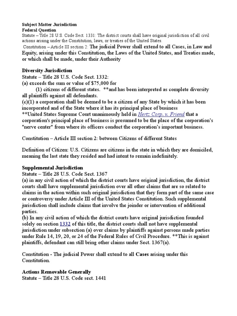 Diversity Jurisdiction Subject Matter Jurisdiction Federal Question