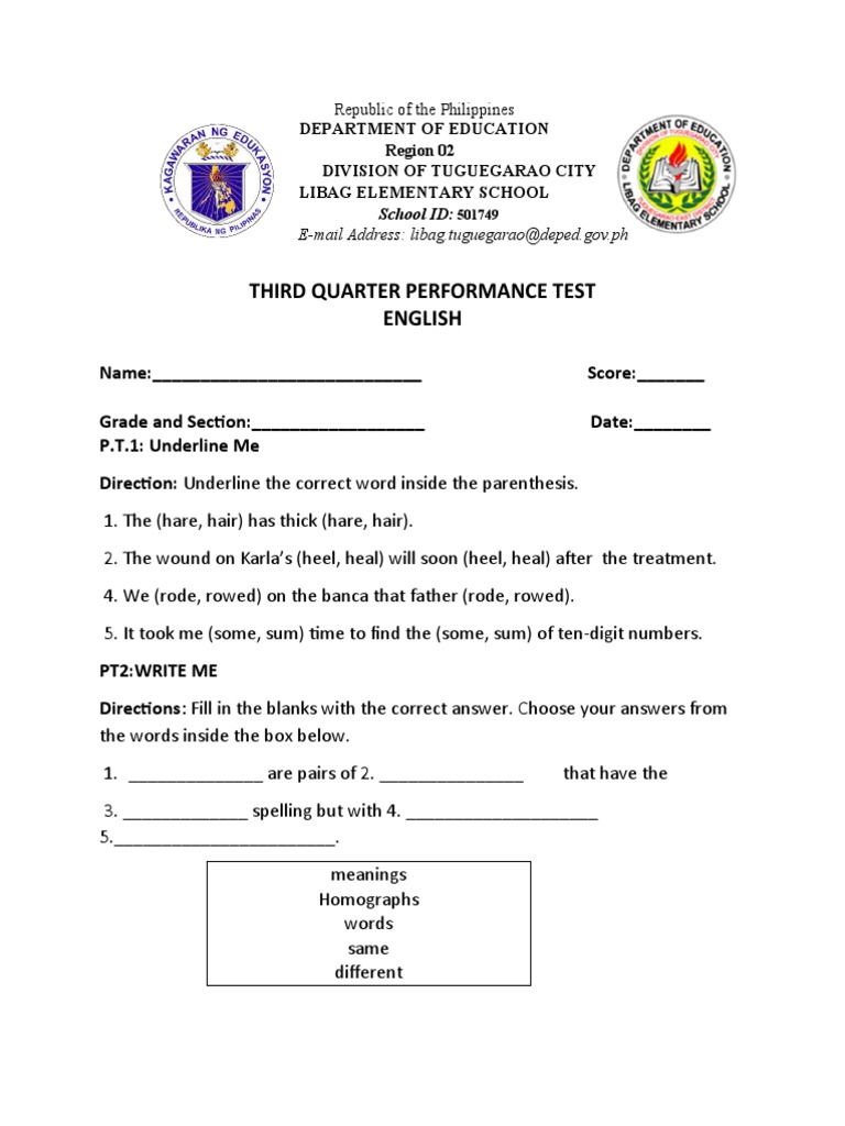 Third quarter performance test in english for grade 5 students of libag