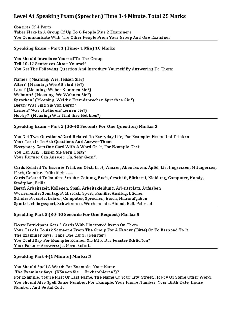 A1 Speaking EXAM - All Parts - With Examples | PDF