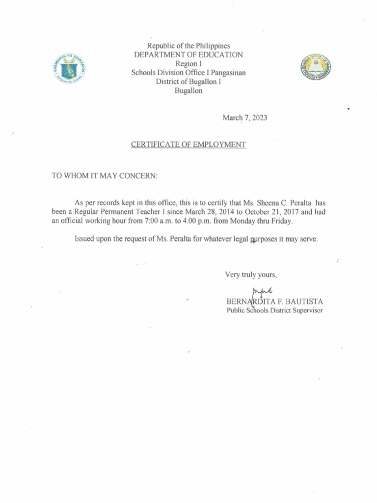 Certificate of Employment Sheena Peralta Revised PDF
