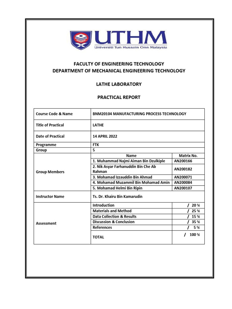 Lab Report Lathe Group 5 PDF Physical Sciences Equipment