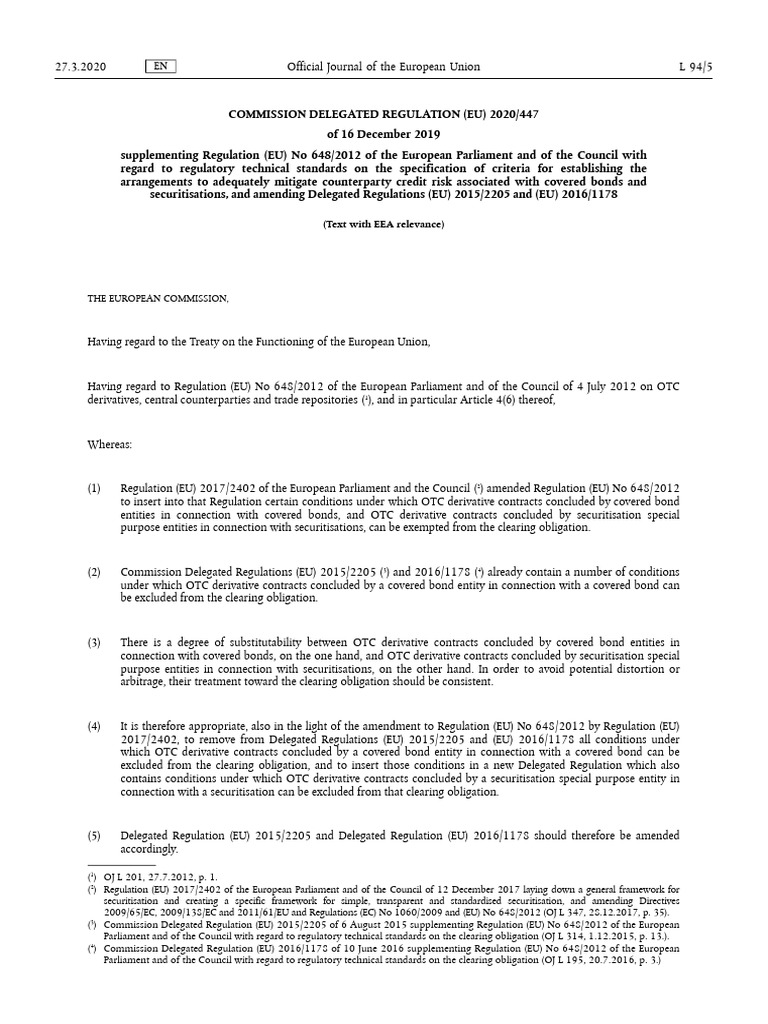 Delegated Regulation 2020 447 PDF Derivative (Finance) Securitization