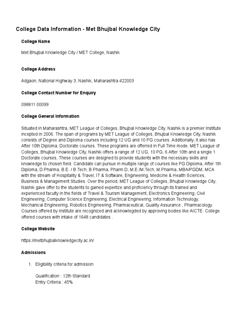 MET Bhujbal Knowledge City Overview | PDF | University And College ...