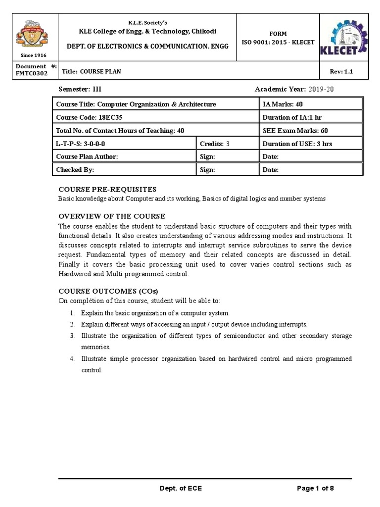 Computer Organization Course Plan | PDF | Computer Data Storage ...
