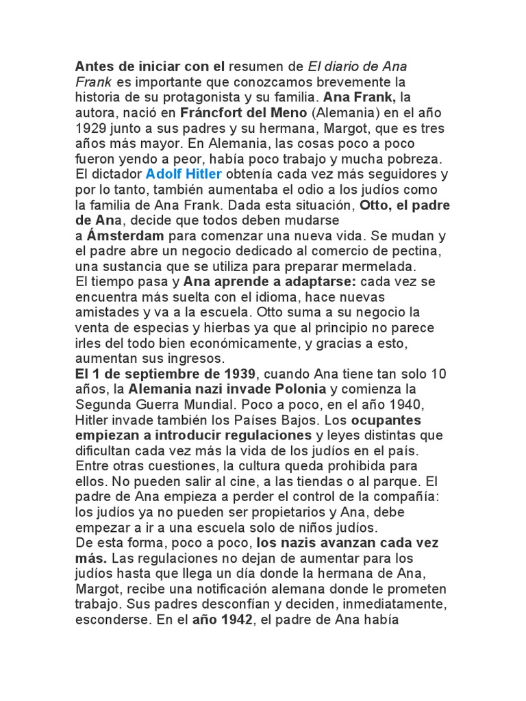 Resumen del Diario de Ana Frank | PDF | Anne Frank