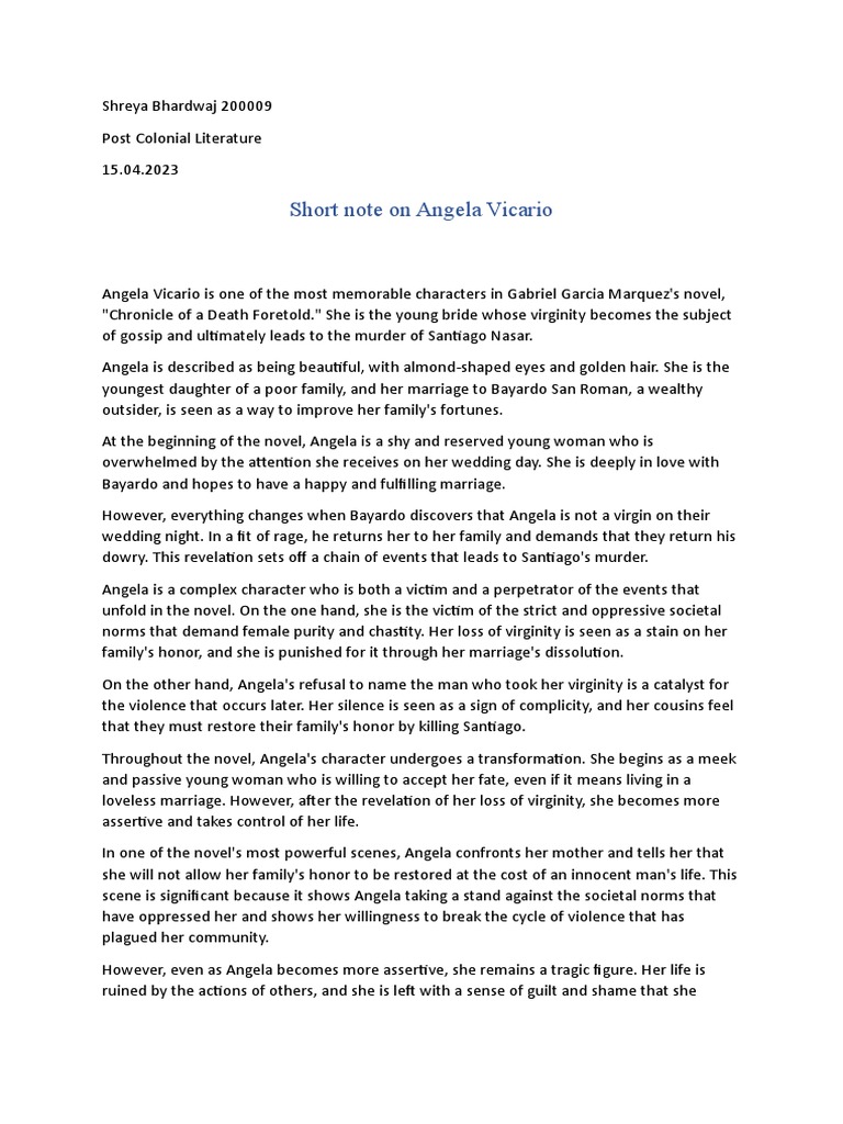 Angela Vicario: A Complex Character Analysis | PDF | Social Institutions