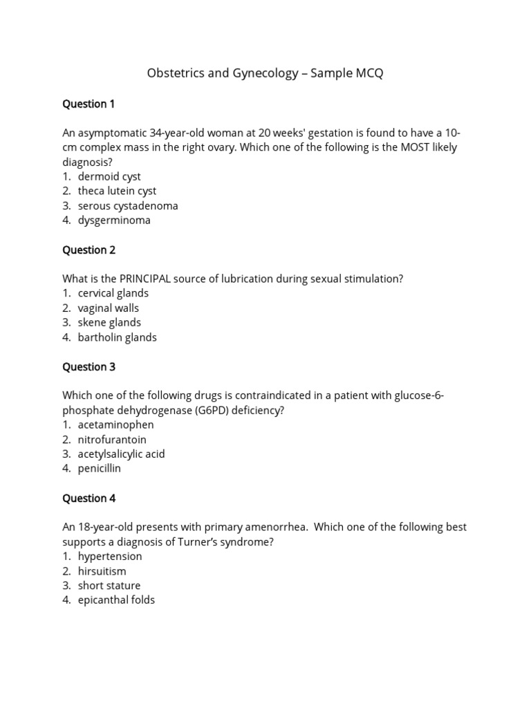 Obs Gyn Sample MCQ Exam e | PDF