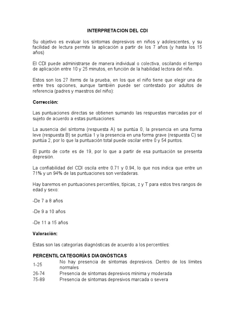 Interpretación y Calificación del CDI | PDF | Depresión (estado de ...