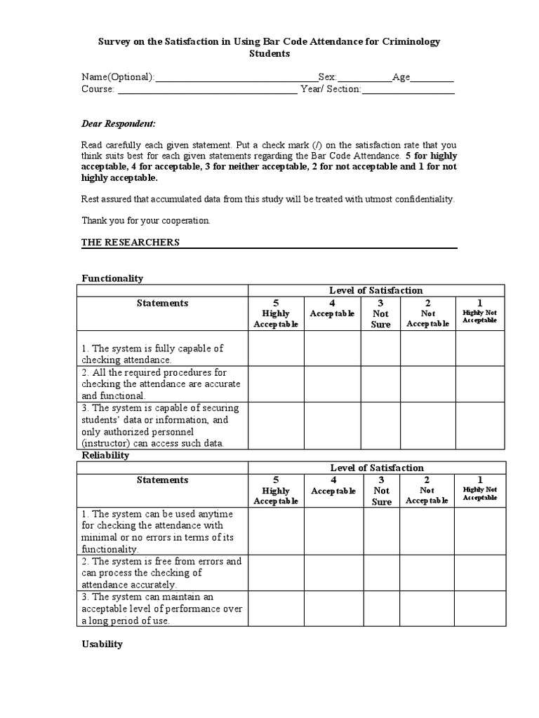 Survey tool on the satisfaction in using bar code attendance pdf