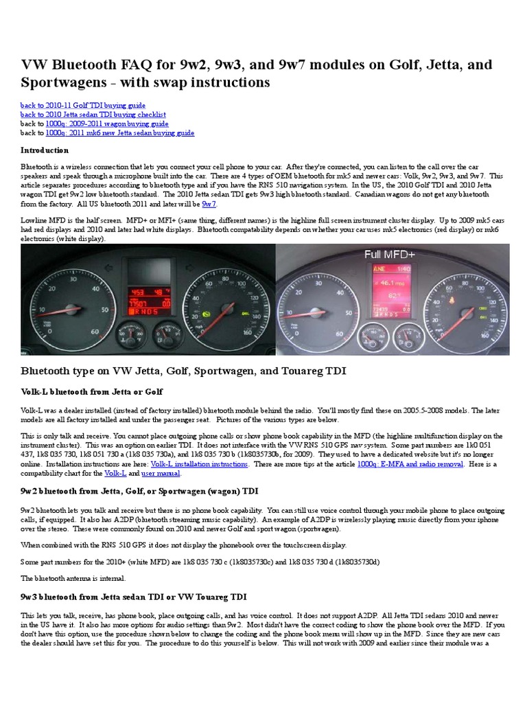 VW Bluetooth Module Guide: 9w2, 9w3, 9w7 | PDF | Bluetooth | Telephone