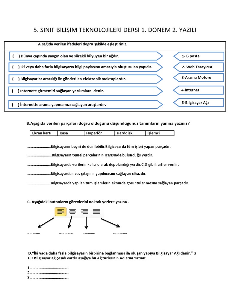 Sinif Bilişim Teknolojileri Dersi 1. Dönem 2. Yazili | PDF