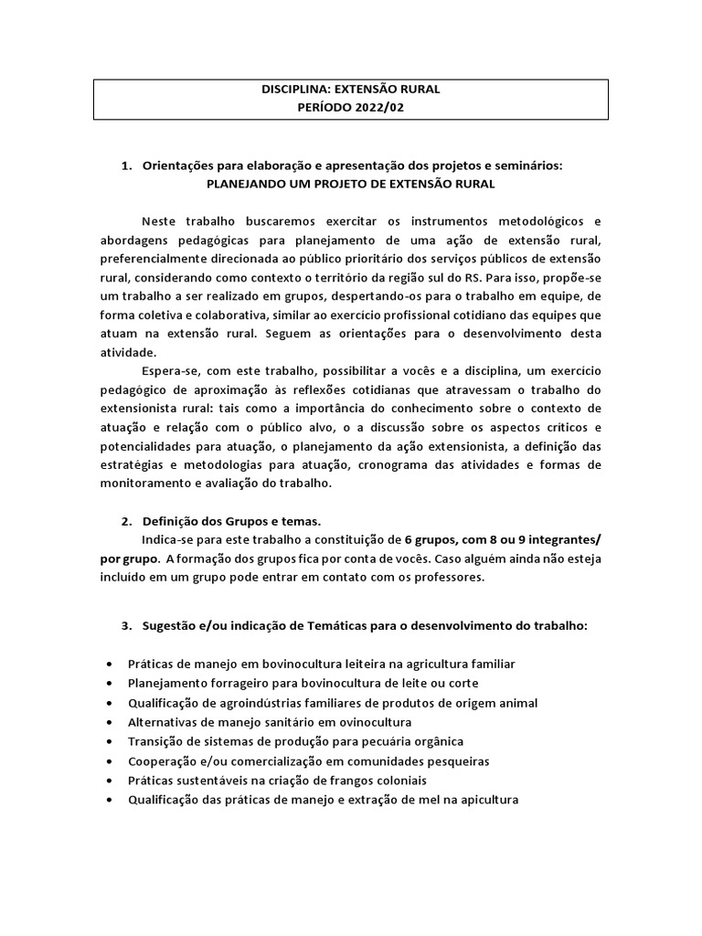 Orientações para Elaboração Dos Projetos de Extensão Rural 2022.02 | PDF
