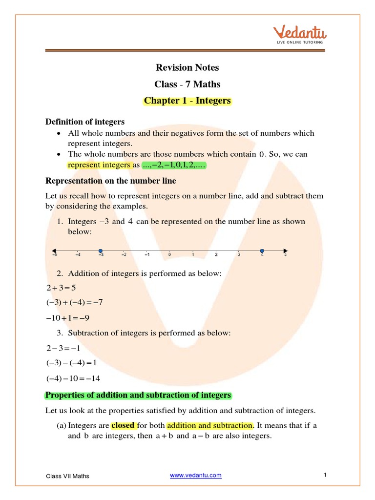 Class 7 Maths: Chapter 1 - Integers | PDF | Multiplication | Integer
