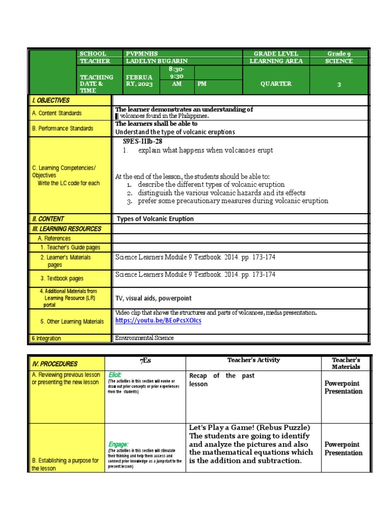 Grade 9 Volcanic Eruption Lesson Plan | PDF | Volcano | Types Of ...