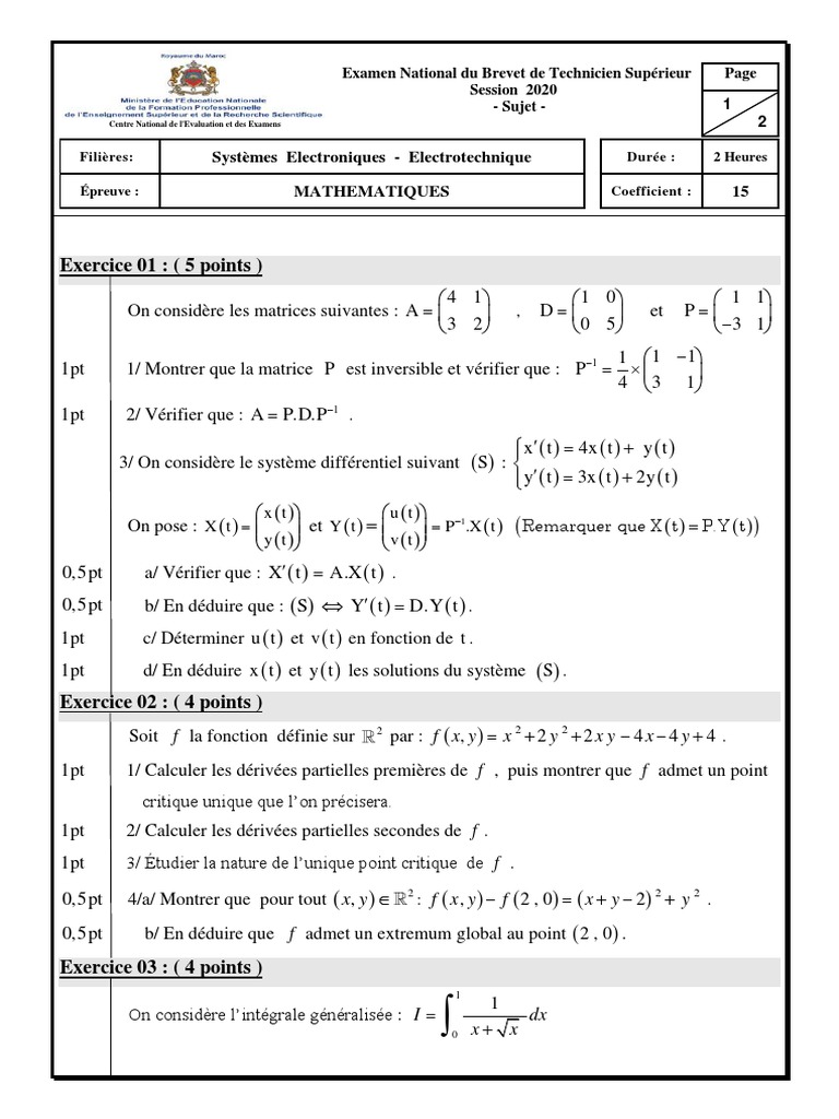 Sujet Maths BTS 2020 - Systèmes Électroniques | PDF | Transformation de ...