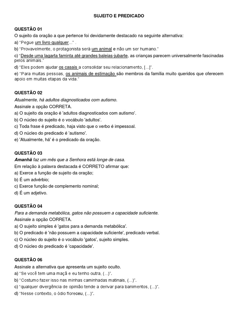 Exercícios sobre Sujeito e Predicado | PDF | Assunto (gramática ...