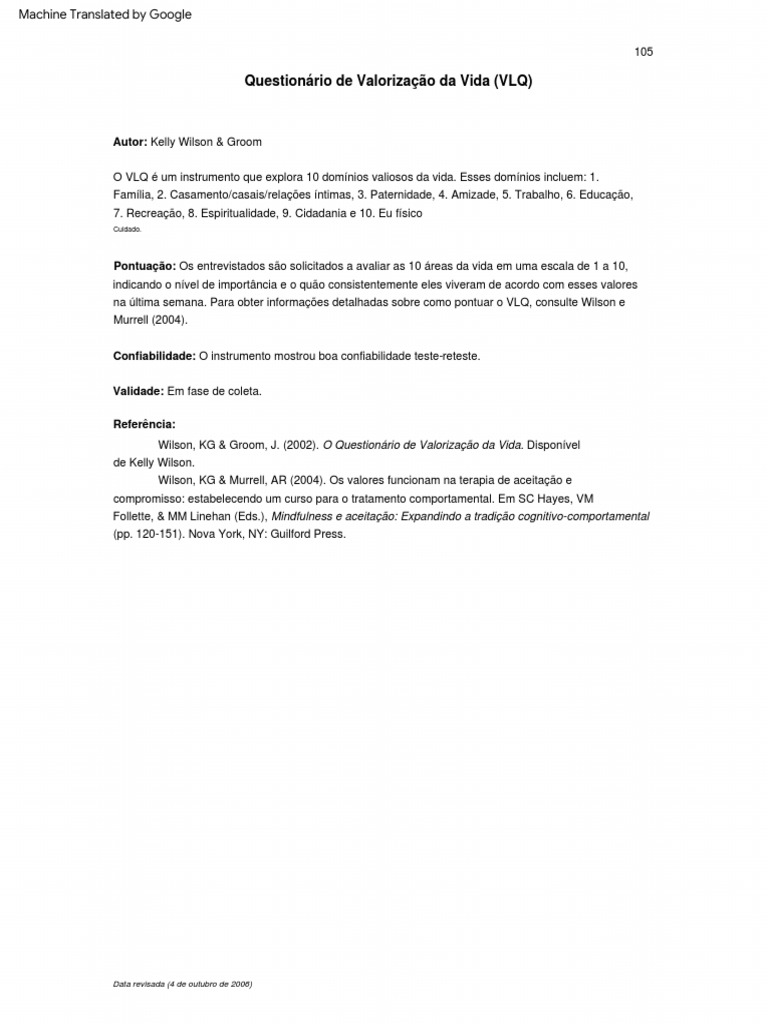 Valued Living Questionnaire | PDF