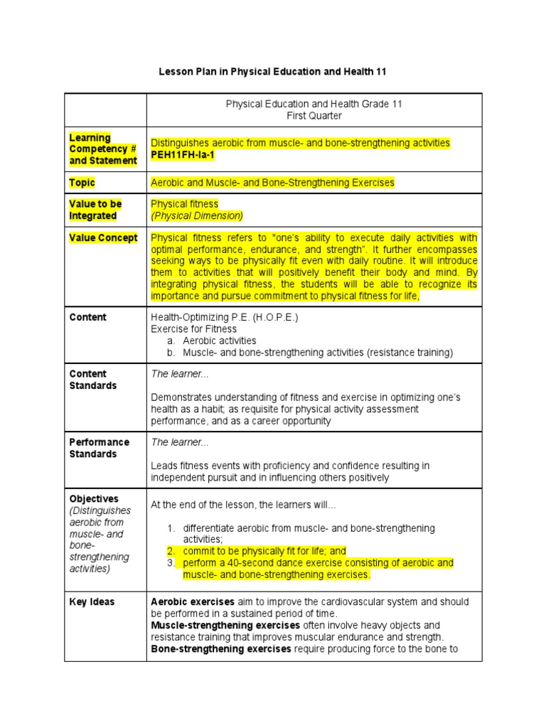 Grade 11 PE Lesson: Aerobic vs Strength Exercises | PDF | Self-Improvement