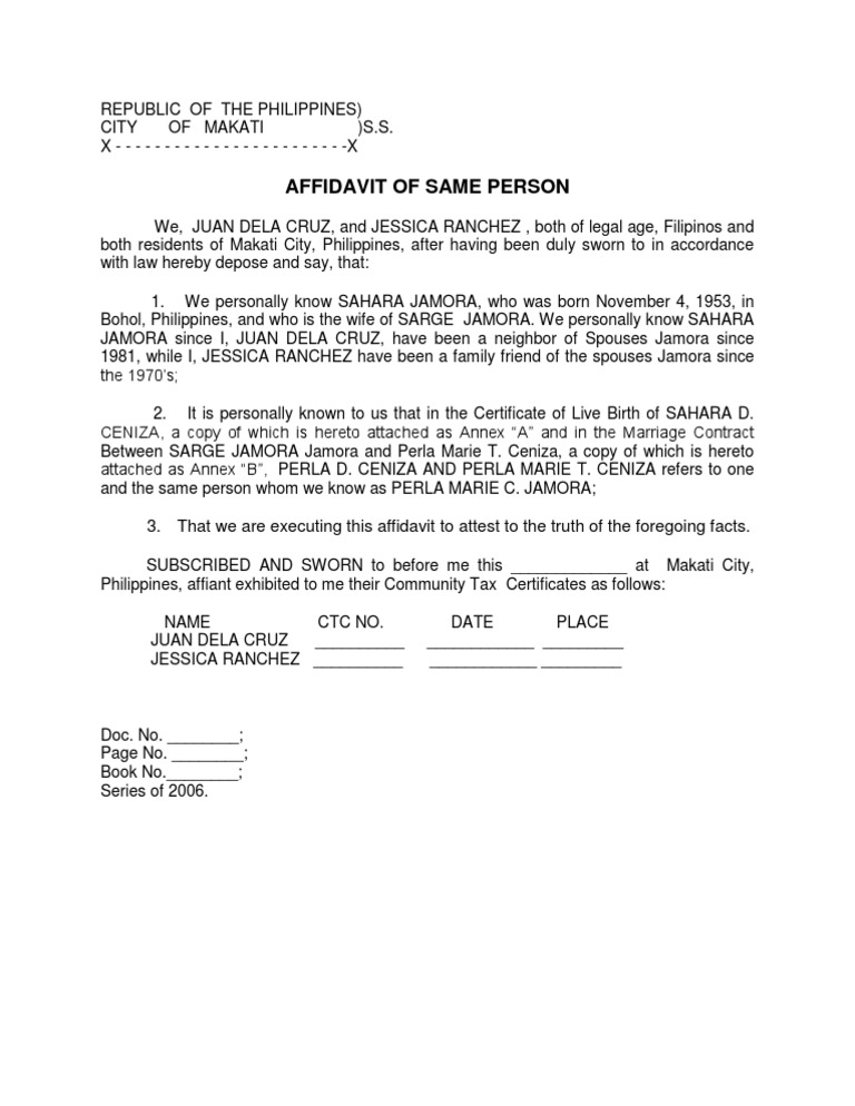 Affidavit Of Same Person Sample