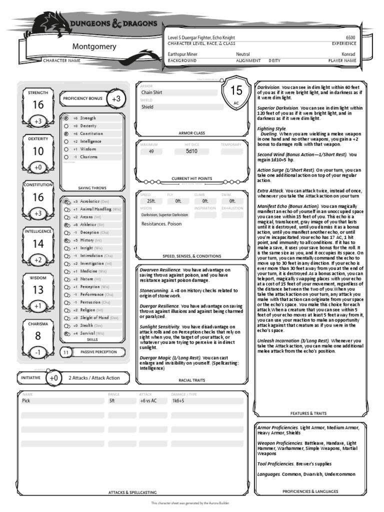 Montgomery - Example of D&D 5e Character Sheet | PDF | Role Playing ...