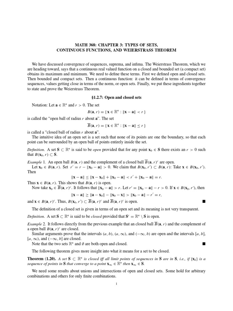 Math 368: Chapter 3: Types of Sets, Continuous Functions, and ...