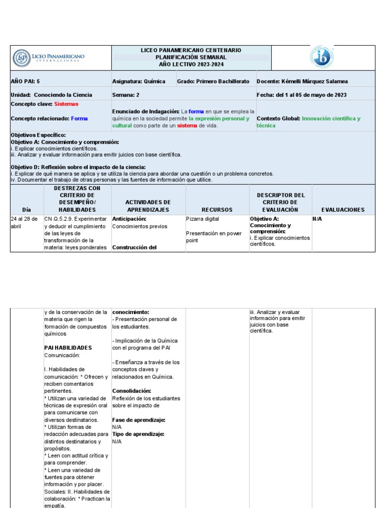 Plan Semanal#1 Química - Del 24 Al 28 de Abril de 2023 | PDF ...