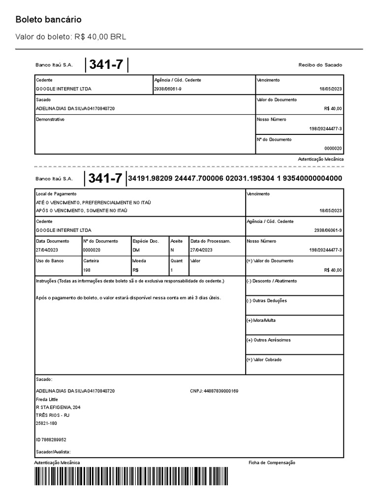 Boleto Bancário: Valor Do Boleto: R$ 40,00 BRL | PDF | Setor privado ...