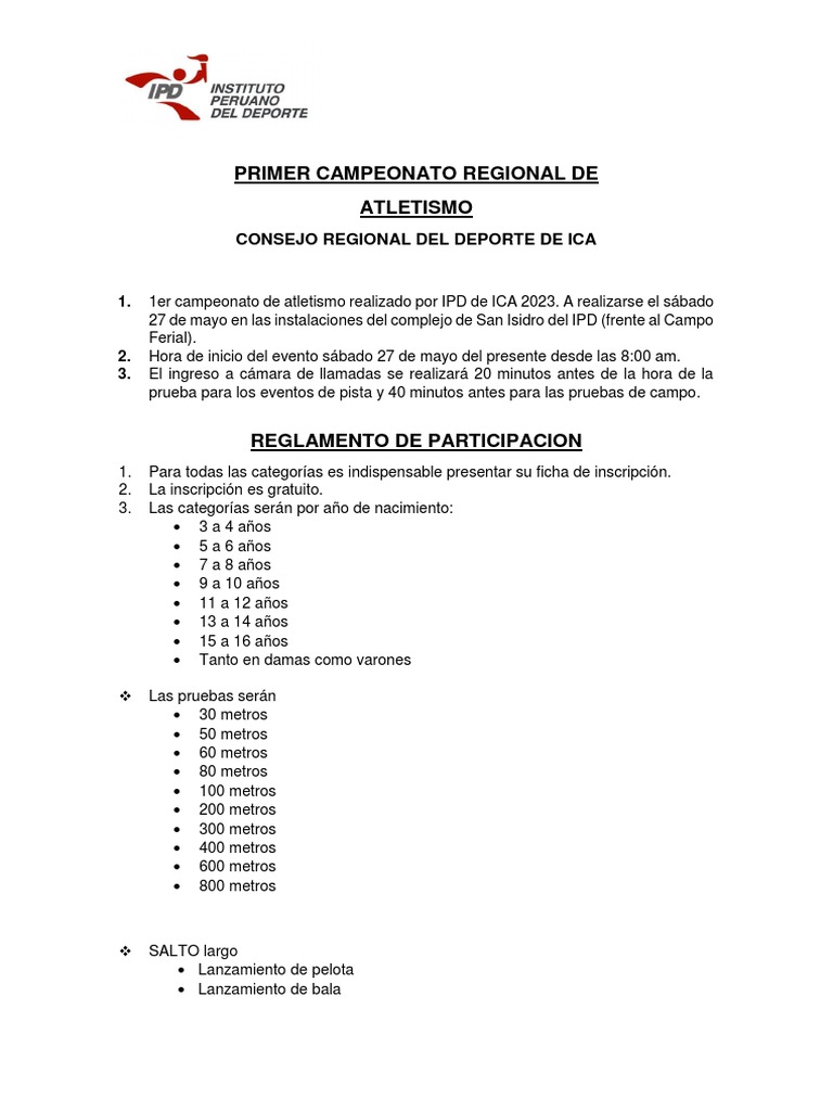 Bases Del Campeonato Atletismo 2023 | PDF | Deporte del atletismo