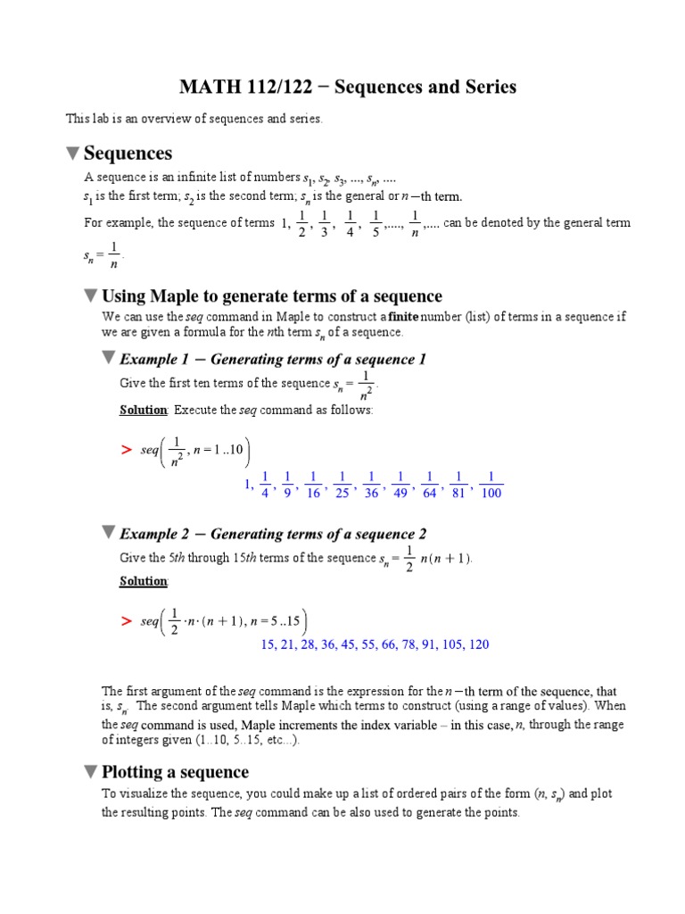 Sequences Using Maple To Generate Terms Of A Sequence Pdf Series