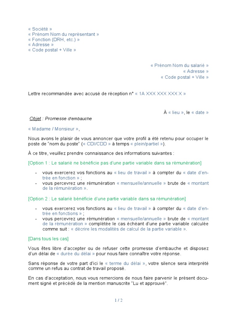Promesse d'embauche type à compléter | PDF